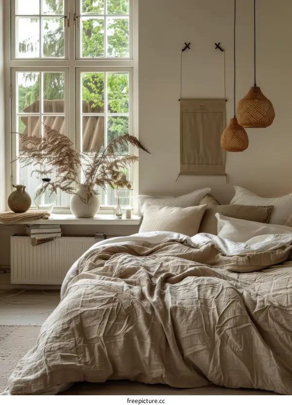 A cozy Scandinavian bedroom with a big window, neutral colors, and natural elements