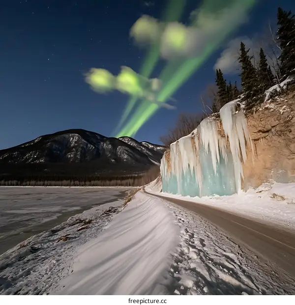 Nighttime View of Ice Formations on a Cliffside