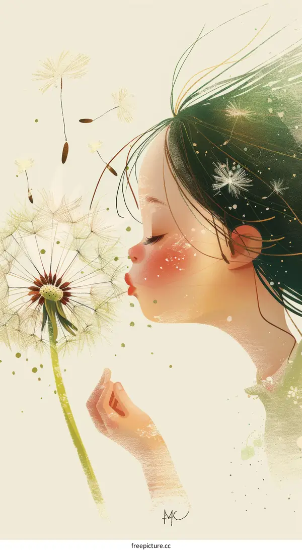Girl Blowing Dandelion Seeds in the Spring Breeze