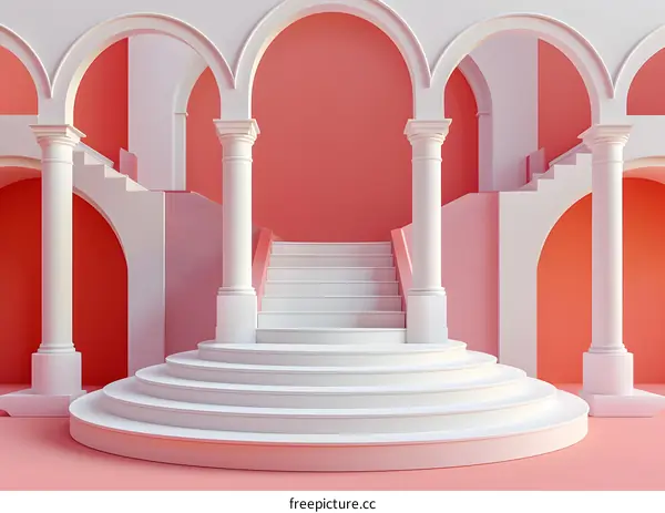 White stairs and columns against a pink background