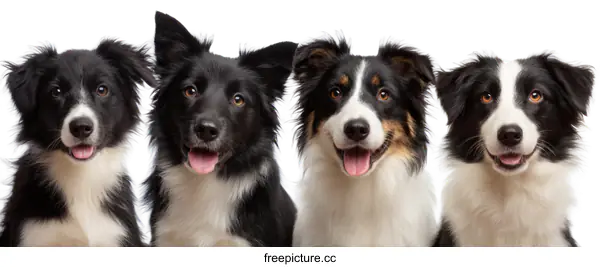 [Transparent Background PNG]Four Border Collie Portraits Against White Background