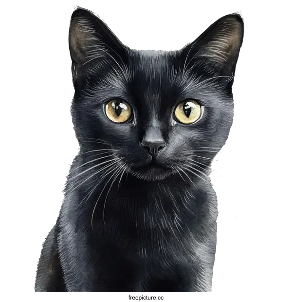 [Transparent Background PNG]Watercolor Portrait of a Black Cat