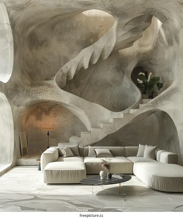 Modern Concrete Interior Design with Sectional Sofa