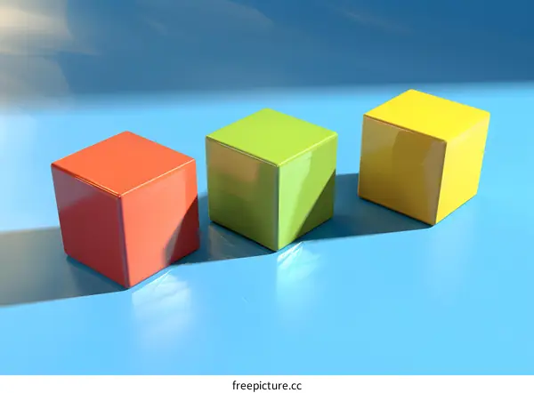 Three Shiny Cubes on Blue Background