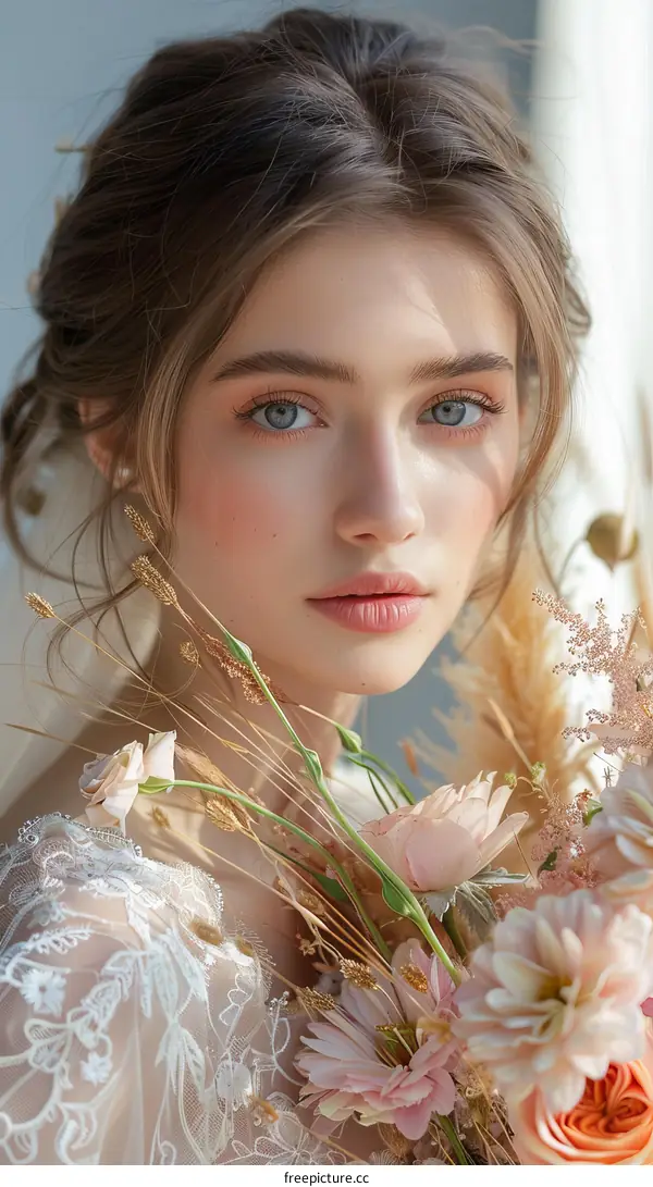 Portrait of a beautiful young woman in a white dress