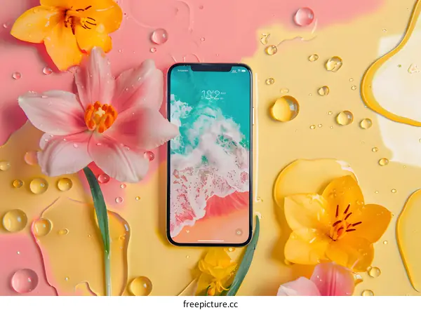 Flowers and Smartphone with Water Drops on Colorful Background