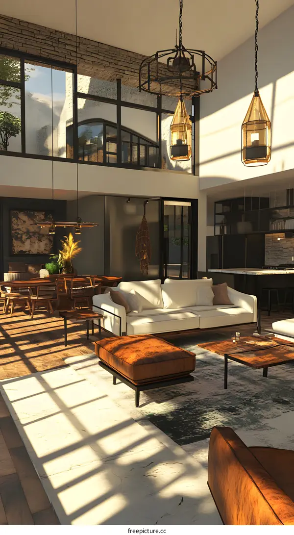 Modern Open Concept Living Room with Brick Wall and Large Windows