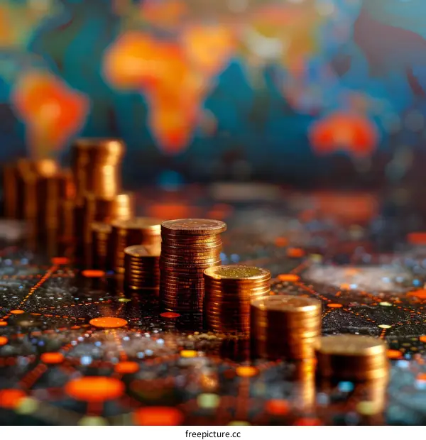 Pennies Stacked Against a World Map