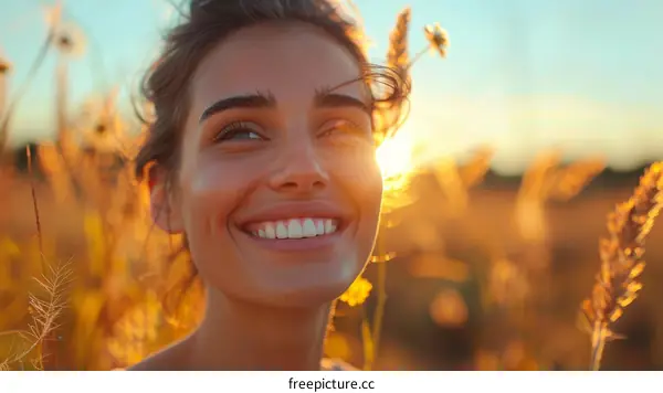 portrait of a beautiful young woman smiling in a field of wheat