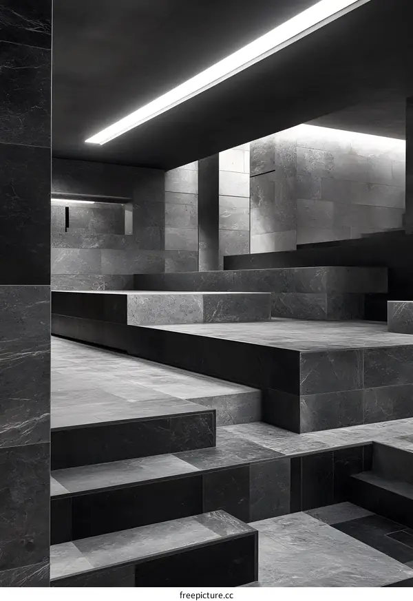 Modern Minimalist Architecture Interior with Stone Steps and Linear Lighting
