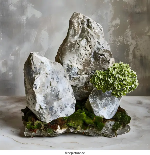 Stone Arrangement with Moss and Green Plant