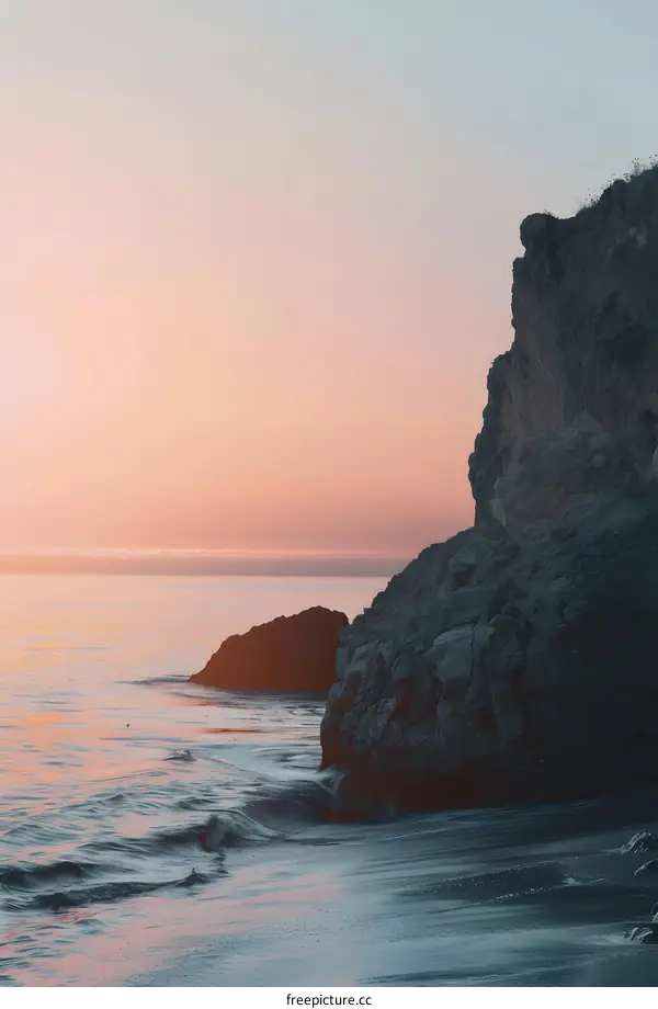 Seascape with a Cliff and Pink Sunset