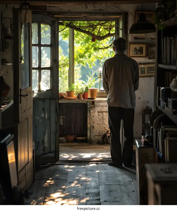 An old man is standing at the door and looking into the distance