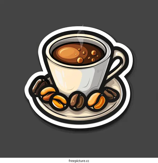 A cup of coffee with coffee beans on a saucer