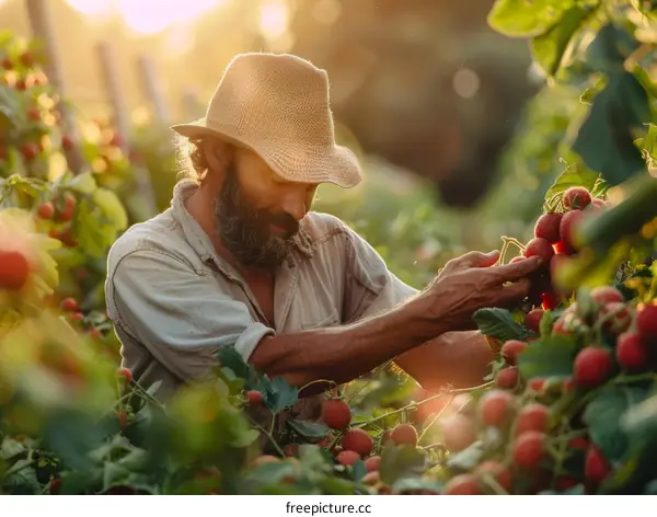 A farmer is harvesting raspberries in a field.