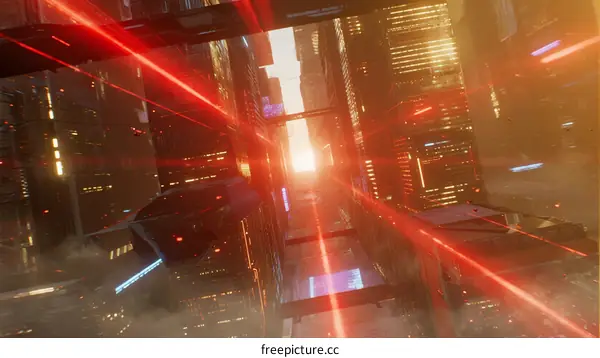 Futuristic Cityscape with Red Laser Beams and Bright Sunlight