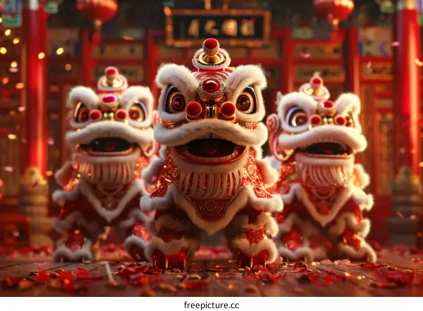 Three Chinese Lions Perform a Traditional Lion Dance to Celebrate the Spring Festival
