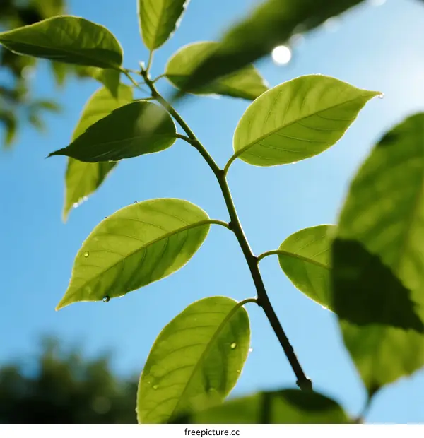 Fresh Green Leaves on Branch Under Bright Blue Sky