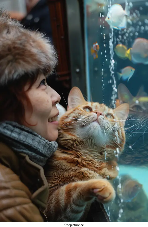 A ginger cat looking at an aquarium with a woman