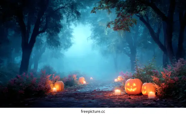 Spooky Halloween Forest Path with Jack-o-Lanterns