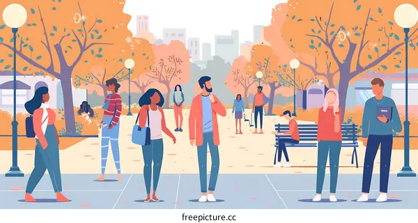 People Walking In Autumn Park Illustration