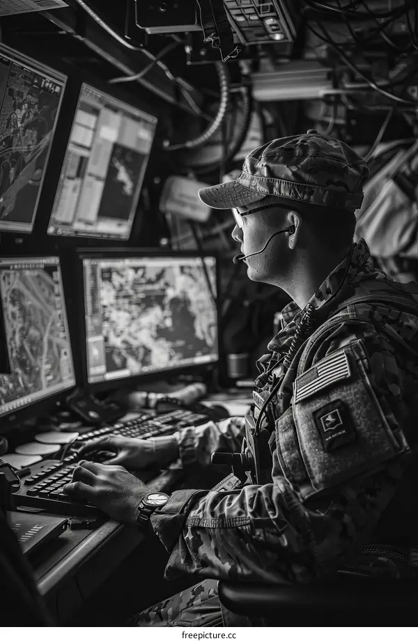 A soldier wearing a cap and earphones operates multiple computers.