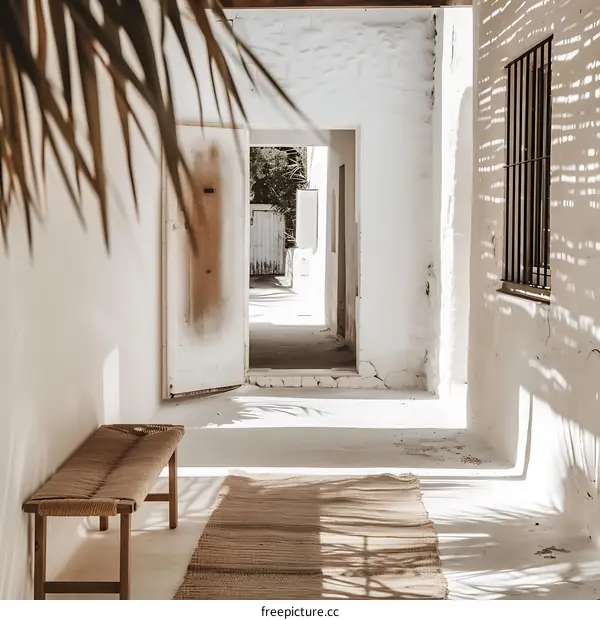 Whitewashed Building with Open Doorway and Rattan Bench