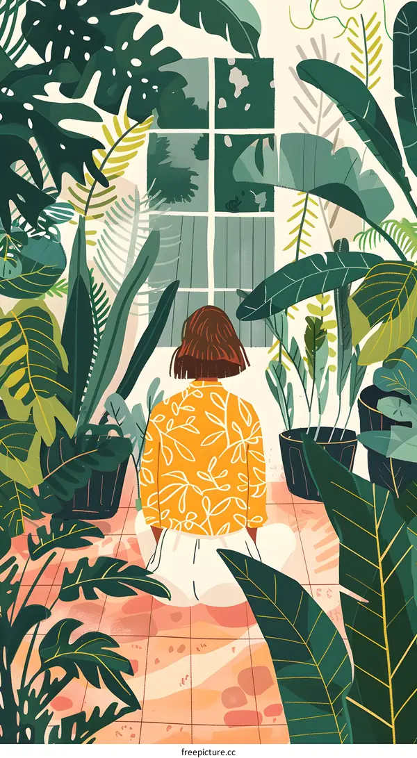 Woman Sitting in a Garden Surrounded by Plants