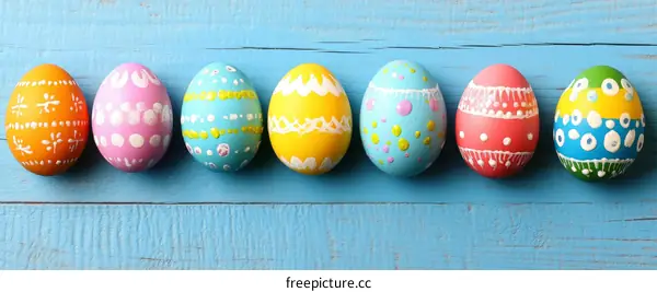 Colorful Painted Easter Eggs on a Light Blue Wooden Background