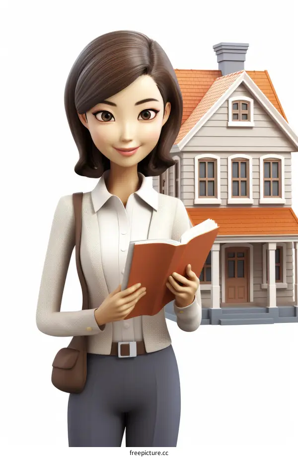 Asian woman standing in front of a house reading a book