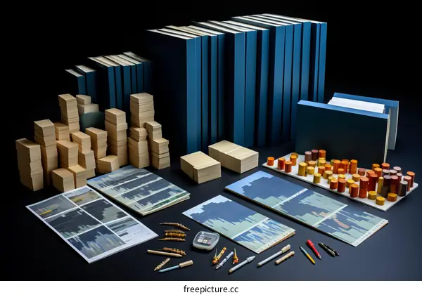 A collection of blue books and other objects on a black background