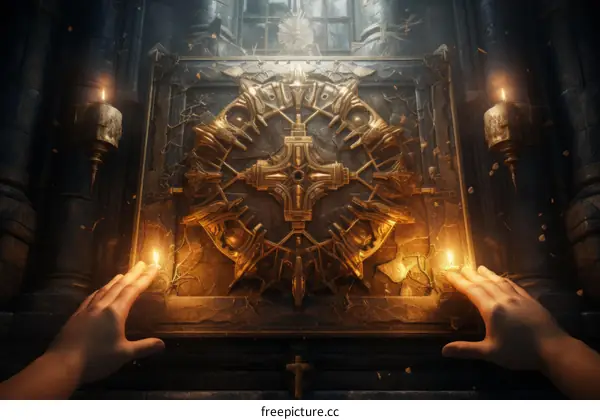 Glowing artifact in dark room with candles and hands