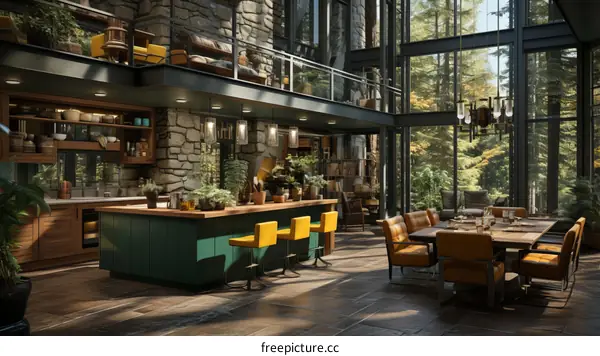 kitchen island with green cabinets and yellow chairs in a modern house