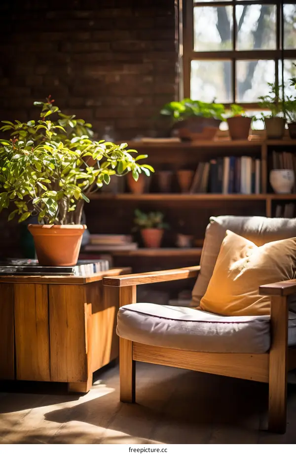 A wooden chair sits in a sunlit room with a potted plant and bookshelves.