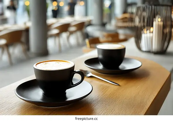 Two Cups of Cappuccino on a Wooden Table in a Cafe