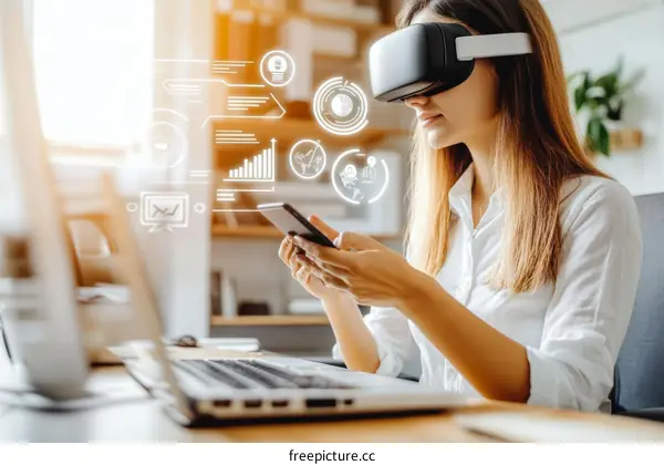 Woman using VR headset and smartphone in modern office environment