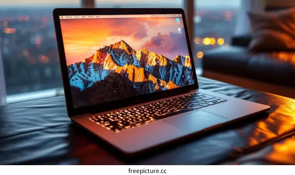 Laptop on a couch with a beautiful mountain landscape on the screen