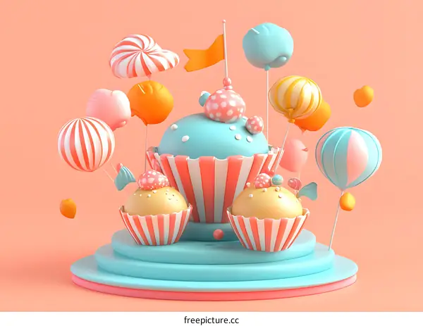 Sweet and Colorful 3D Cupcakes With Balloons
