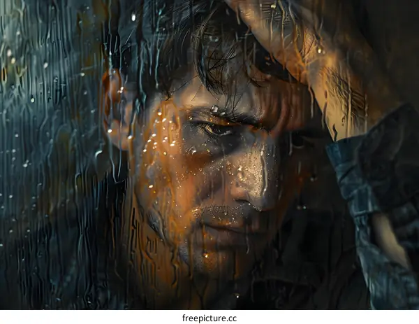 Man Looking Through Rain Covered Window