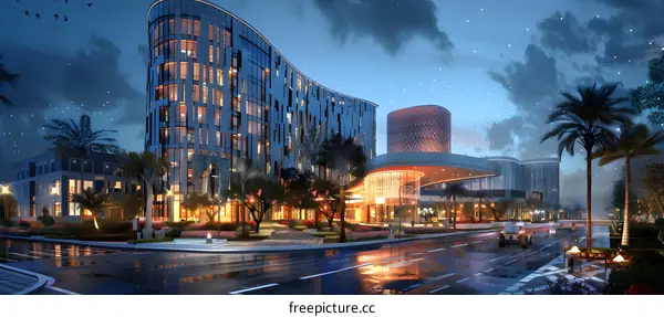 Science fiction city street night view realistic style illustration