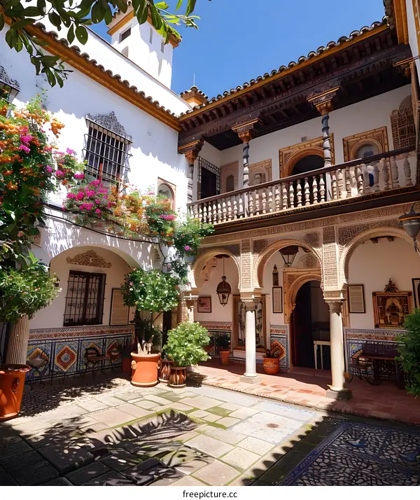 The beautiful courtyard of the Casa de Pilatos in Seville, Spain