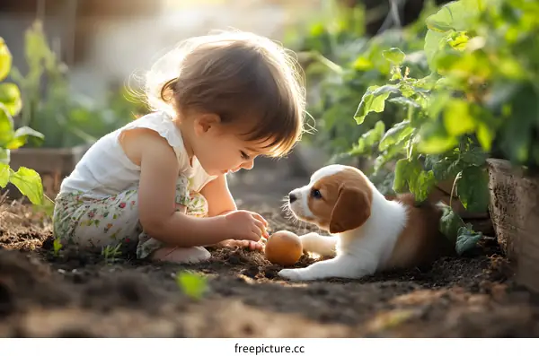 Little Girl Playing with Puppy in Garden