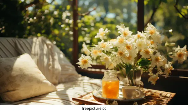 White flowers in a glass vase on a wooden table by the window