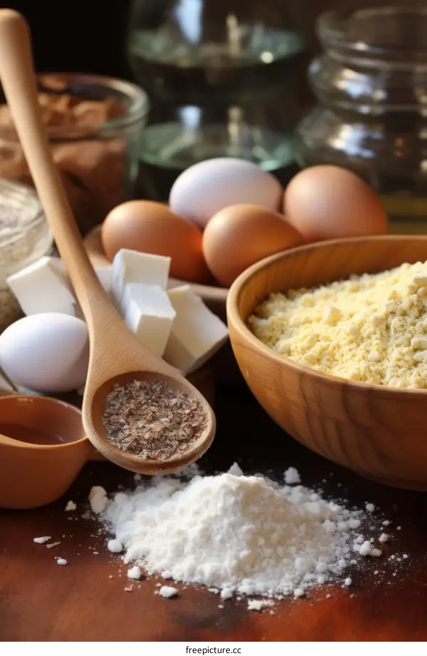 Baking Ingredients on Wooden Table: Eggs, Butter, Flour, Spices