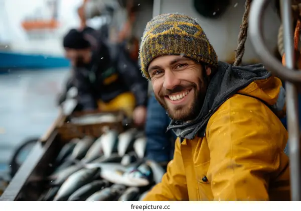 Portrait of a happy fisherman wearing a yellow raincoat and a beanie