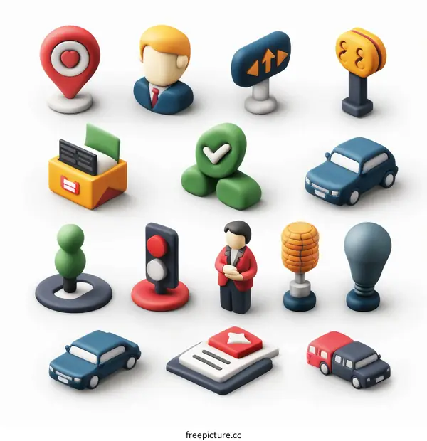 A set of 3D cartoon city elements