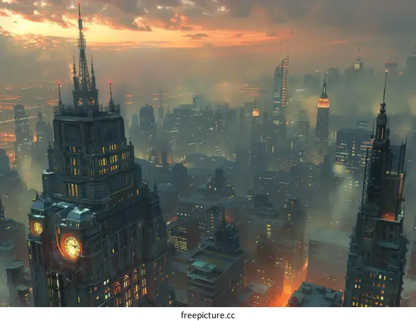 A digital painting of a dark and stormy city.