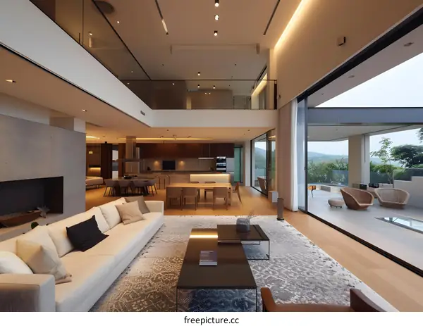 Modern Open Concept Living Room With Glass Doors And Views