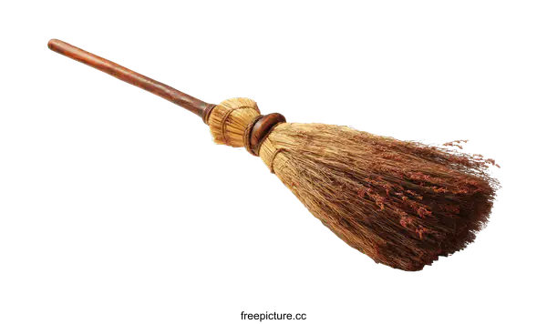 [Transparent Background PNG]Antique Wooden Straw Broom on White Background