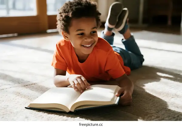 A Young Child Lying on Floor Reading an Open Book